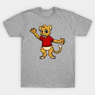 Cute Anthropomorphic Human-like Cartoon Character Young Leopard in Clothes T-Shirt